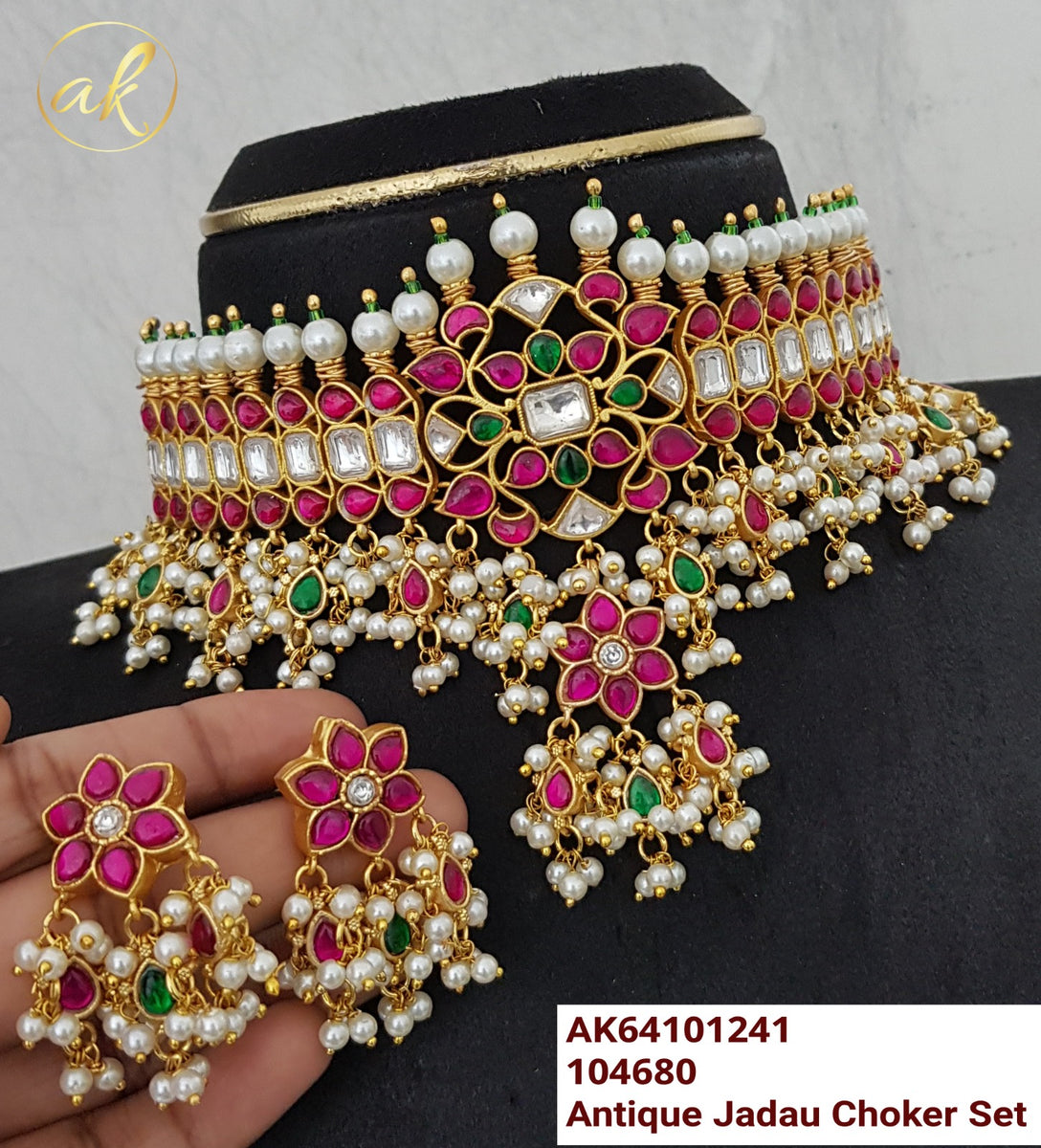 Beenu Pink and Peal Jadau hot Necklace Set