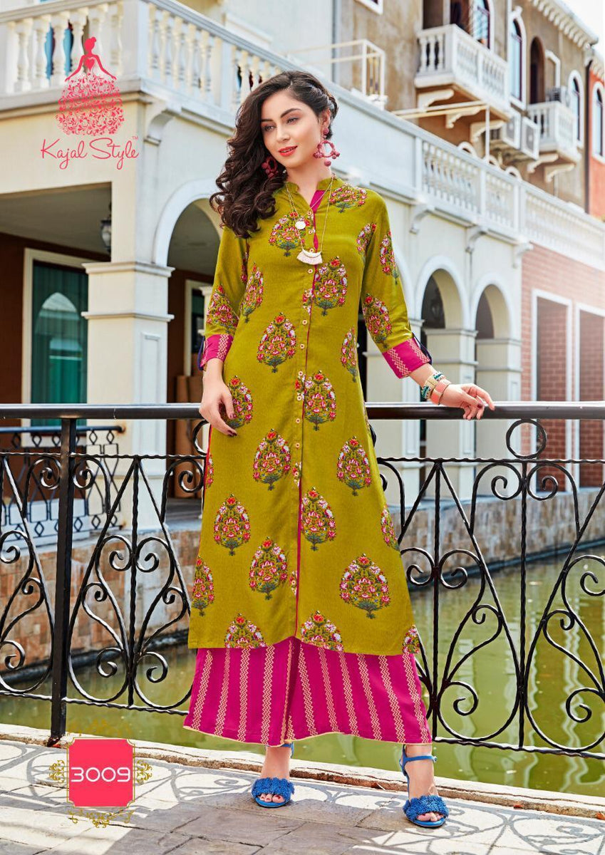 Mustard green and pink Kurtis with Palazzos BK 3009 – www.soosi