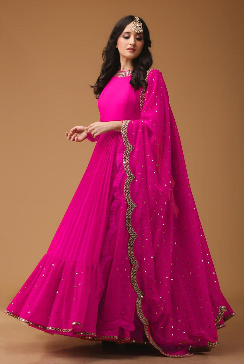 Long Indian Dress With Frill Mirror Hand Work Daman