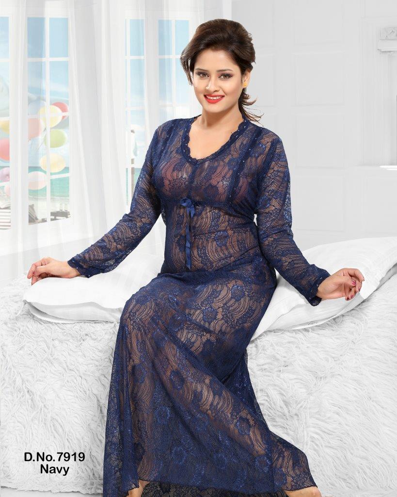 Deep sea Blue Navy Women Sexy Long Dressing Night Gown Sheer Dress Nig –