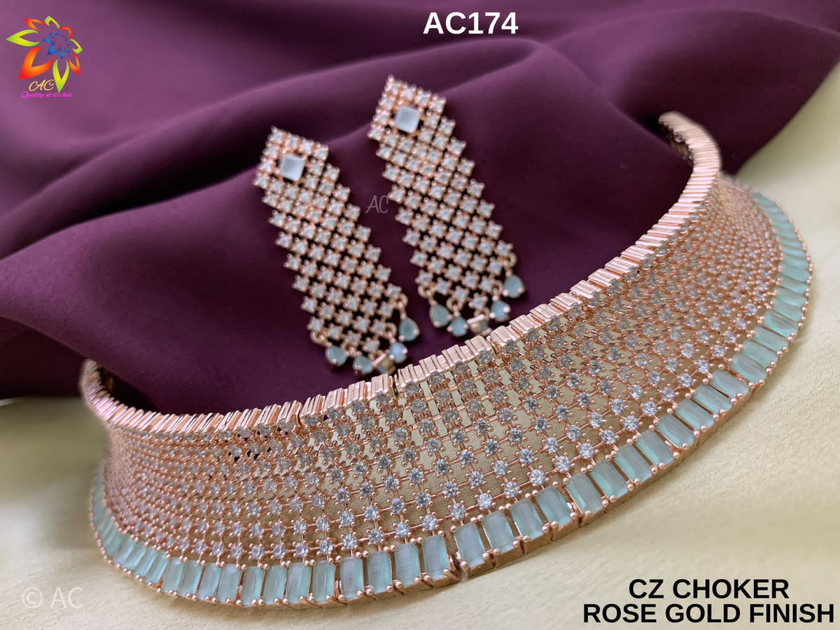 American Diamond rose gold set|Pink Diamond Luxury look CZ Diamond Choker  Necklace|Indian Wedding jewelry |Bollywood bridal set|Gift for her