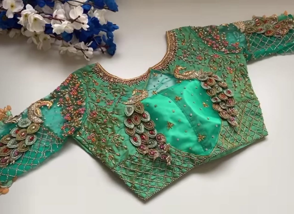 Green Maggam Blouse With Peacock Designed Blouse Saree Blouse