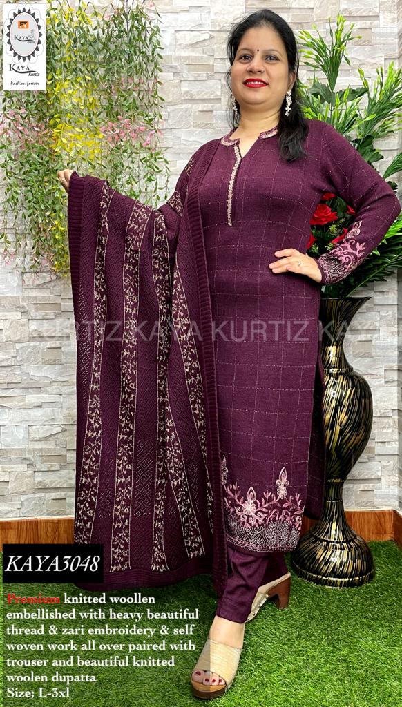 Kaya Kurtiz , elegant Plum wine shade Woolen Kurti with pants and Dupa –