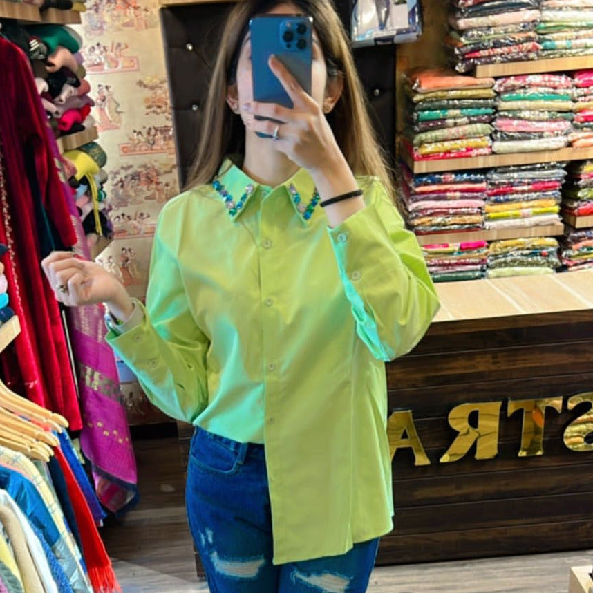 ikkneha ,The Unique World Pista Green Classic Shirt for Trendy