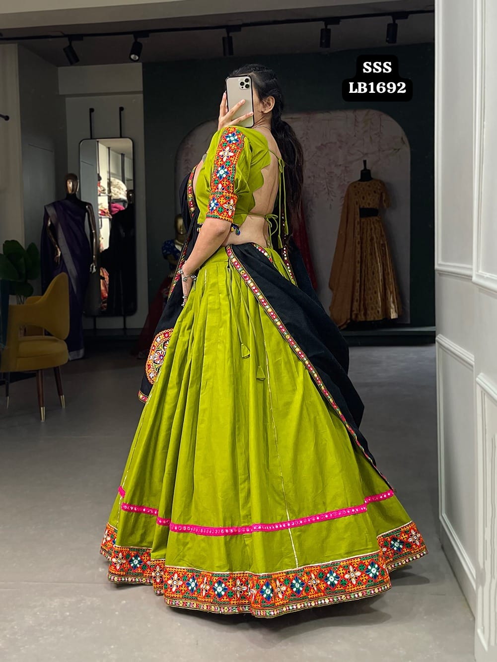 Parrot-green thread embroidery organza semi stitched lehenga - MESMORE -  3799088