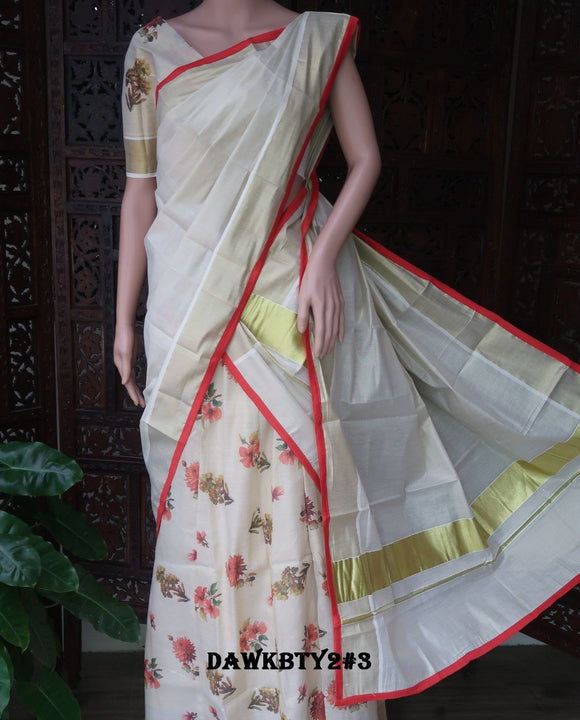 Ambika , Digital Printed Kerala Cotton Tissue Skirt with Plain Dawani with Contrast Piping and Printed Blouse Piece-KIA001FDA
