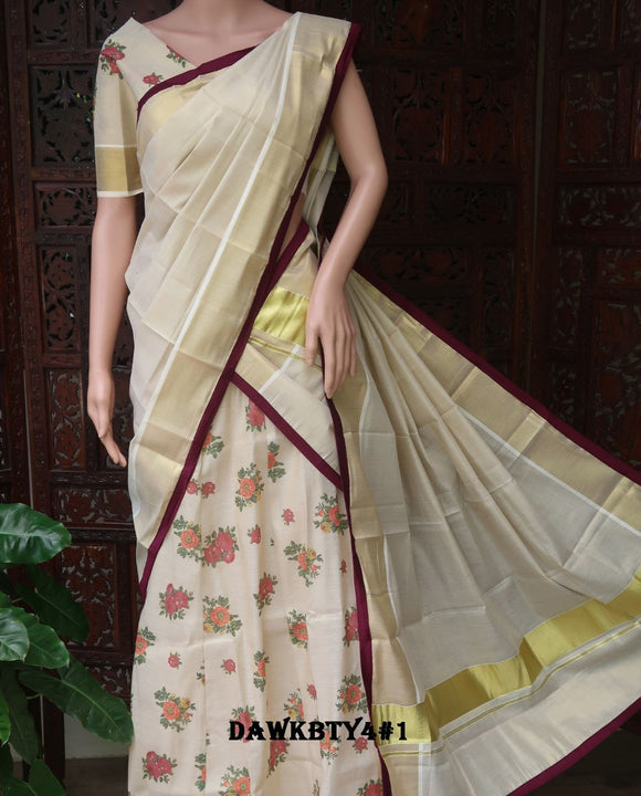 Suguna , Digital Printed Kerala Cotton Tissue Skirt with Plain Dawani with Contrast Piping and Printed Blouse Piece-KIA001FDB