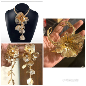 Celebrity inspired Handmade fusion long flower choker with earrings and handcuff bracelet in Rosegold plating-SANDY001RGC