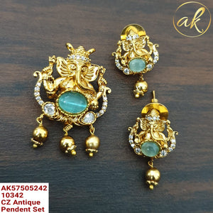 Pastel green&nbsp; &nbsp;stone studded Gold finish Ganesha Pendant with Earrings  set for women -LR001GPSPG