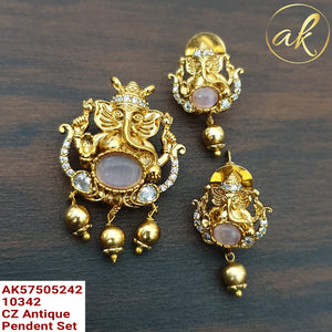 White&nbsp; &nbsp;stone studded Gold finish Ganesha Pendant with Earrings  set for women -LR001GPSW