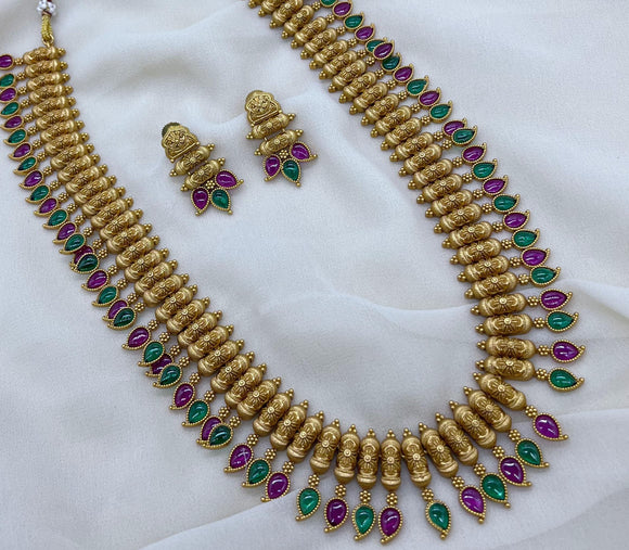Priyadarshini, Pink and Green  Kemp Studded Premium Quality Matt Finish Long Necklace Set for women -SHAKI001LNPG