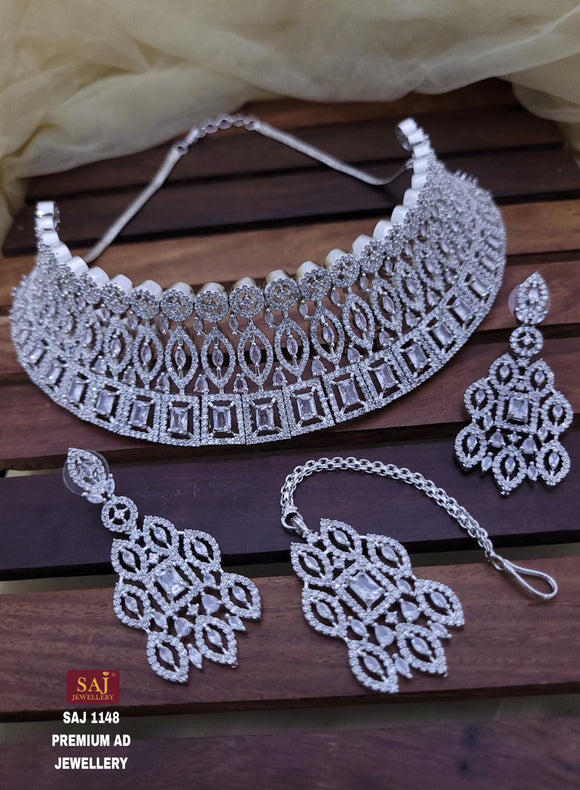 Bianca , elegant American Diamond Choker Necklace Set with Mangtikka for women -SANDY001W