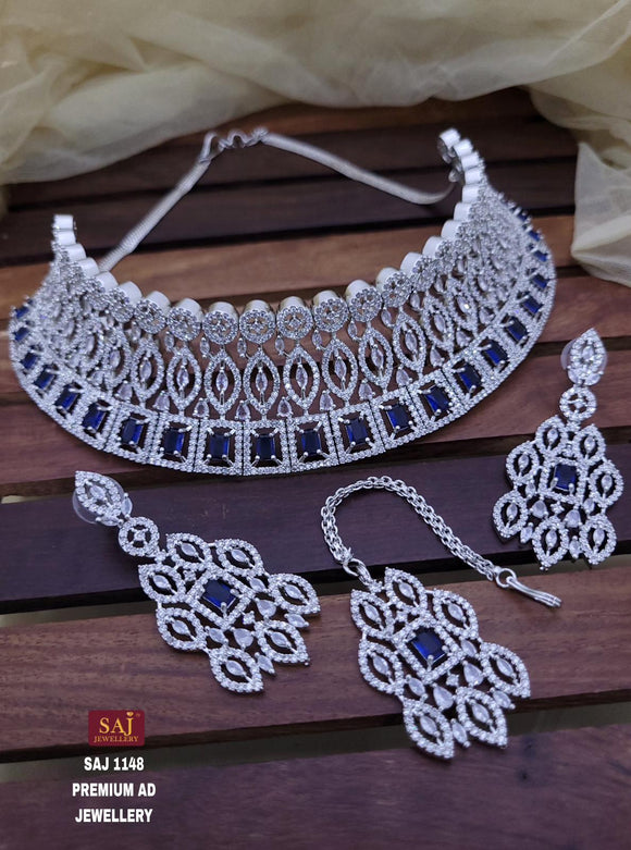 Diana , elegant American Diamond Choker Necklace Set with Mangtikka for women -SANDY001B