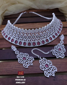 Emily , elegant American Diamond Choker Necklace Set with Mangtikka for women -SANDY001RR