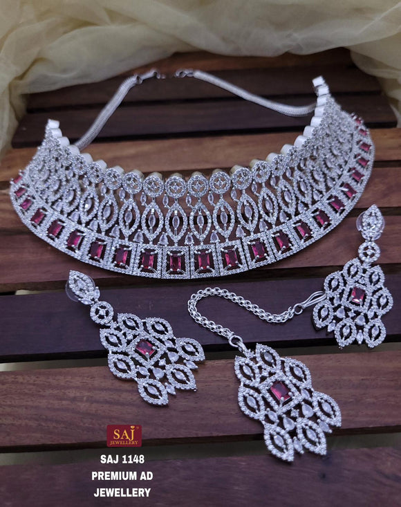 Emily , elegant American Diamond Choker Necklace Set with Mangtikka for women -SANDY001RR