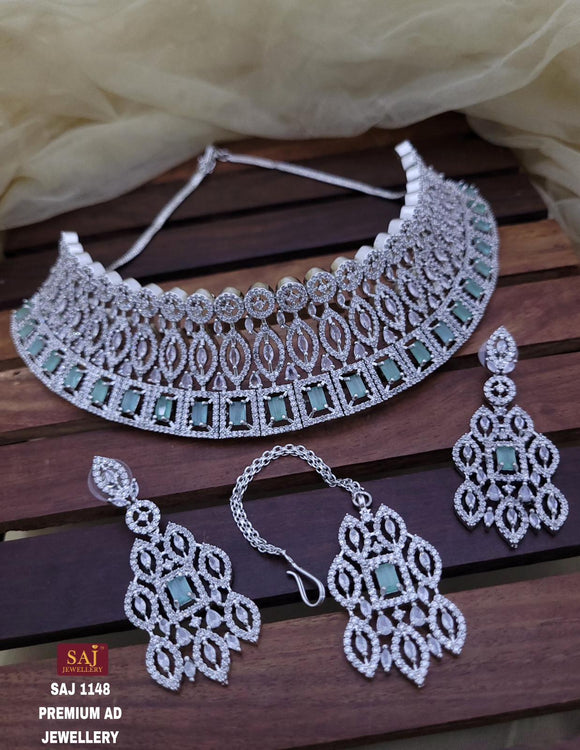 Clara , elegant American Diamond Choker Necklace Set with Mangtikka for women -SANDY001PG