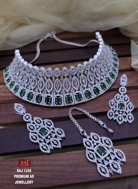 Gracia , elegant American Diamond Choker Necklace Set with Mangtikka for women -SANDY001G