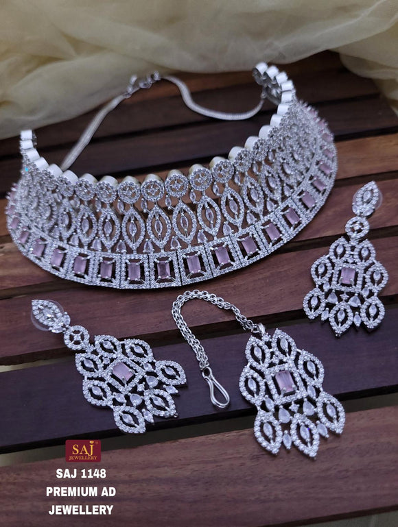 Fiona , elegant American Diamond Choker Necklace Set with Mangtikka for women -SANDY001PP