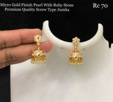 Sunanda , Micro Gold finish Pearl with Ruby stones Premium Quality Jumka / Jimki with Srew back -SHAKI001SBJ