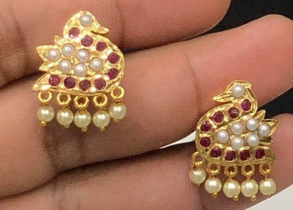 Maniprabha , Micro Gold finish Pearl with Ruby stones Premium Quality Swan design Earrings  with Screw back -SHAKI001SBJ