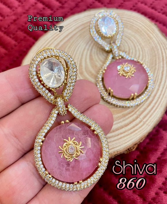Anvika , Pink stone studded Designer Gold Finish Kundan Earrings for women -MOE001EP