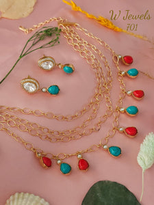 Kajal ,Turquoise Blue and Coral Polki Kundan  Gold Finish Layered Necklace Set for women -SANDY001NSKB