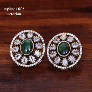 Mangatha , White Stone earrings with Green Kemp stone for women -SHAKI001GE