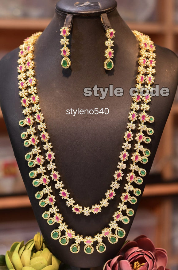 Dimple , elegant Gold Finish Two Layered Long Bridal Necklace Set for women -SHAKI001LNSB
