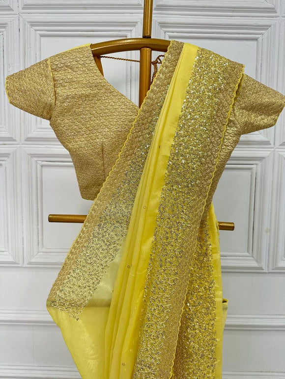 NEW SUPERHIT TRENDING YELLOW EMBROIDERED ZARI  SEQUINS WORK SAREE ON SUPREME CHINON FABRIC-TBC001YS