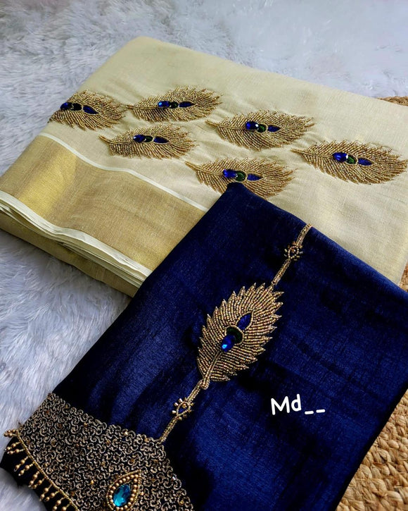 Mayuri , Onam Festival Special Kerala Golden Tissue saree with heavy Handwork on chest Pallu & bp with work on both sleeves-SAHE001TS