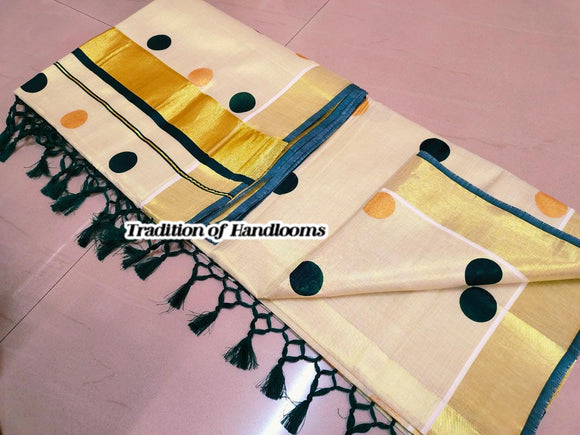 Beautiful Blue  Polka Dots Design Golden Tissue Saree for Onam 2024-SAHE001PDBLU