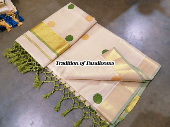 Beautiful Green  Polka Dots Design Golden Tissue Saree for Onam 2024-SAHE001PDG