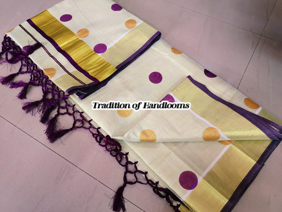 Beautiful Purple  Polka Dots Design Golden Tissue Saree for Onam 2024-SAHE001PDP