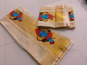 Traditional Kerala Style Krishna Design Golden tissue settumund for Onam 2024 -SAHE001SMK