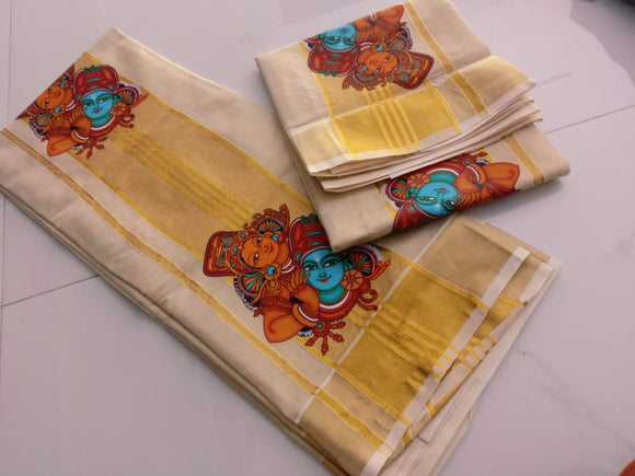 Traditional Kerala Style Radha Madhavam Design Golden tissue settumund for Onam 2024 -SAHE001SMR