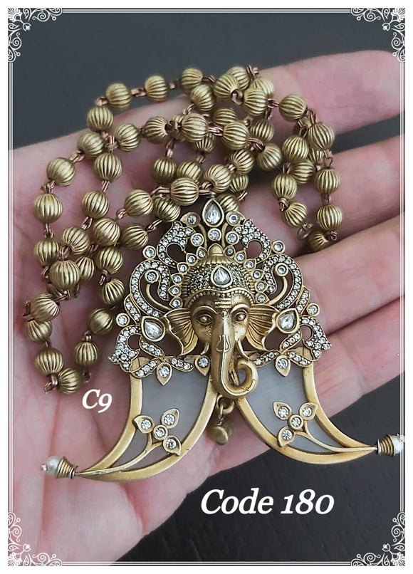 Victorian Finish Ganesha Design Puligoru Pendant with Matt Gold Finish Bead Chain-SANDY001PCGP