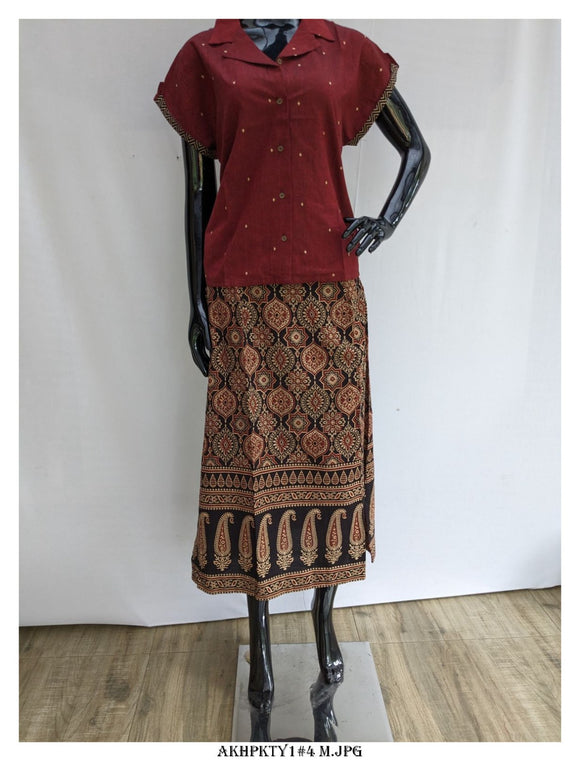 Jacquard Woven Handloom Coat Collar Neck Cotton Top with Ajrakh Printed Straight Cut Skirt -KIA001ST