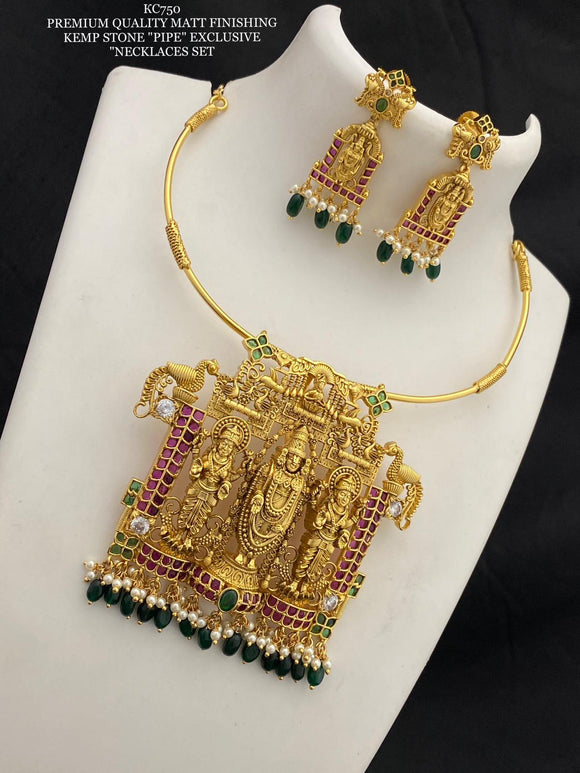 Tirupathi Balaji Design Matte Gold Finish Pipe Necklace Set for women -SHAKI001PNS