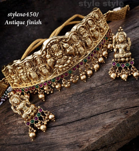 Pournami , elegant Matt Gold Finish Goddess Lakshmi Design Choker Necklace Set for women -SHAKI001MNS