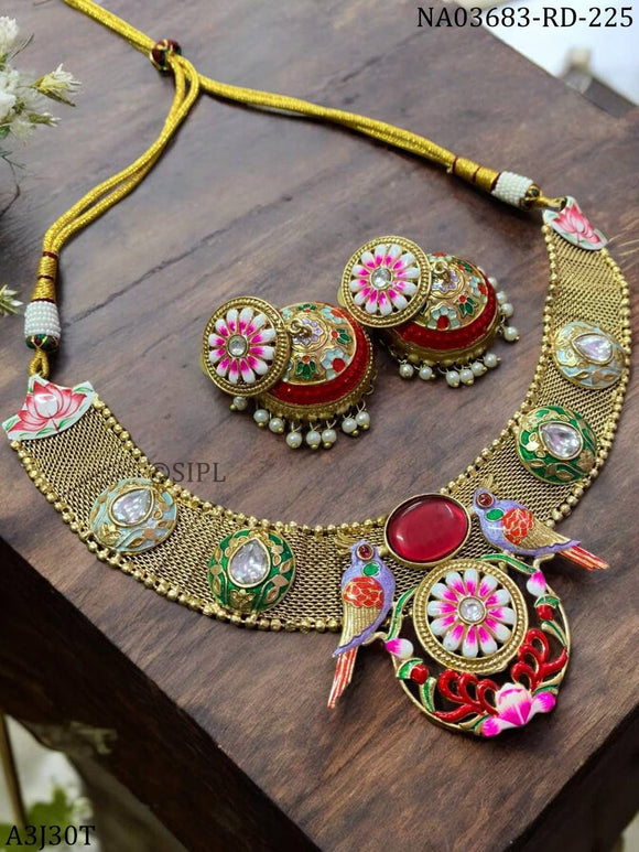 Lal Papiha ,Antique Gold Finish elegant Meenakari Designer Necklace Set for Women -JAY001MNSL