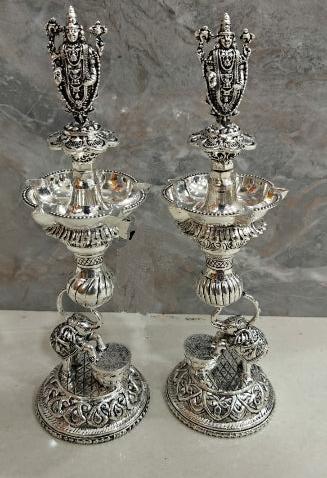 Govinda , Antique German silver washable special design Pair of 2 ,Lord Balaji Design Deepam with extra oil capacity -SN001LD