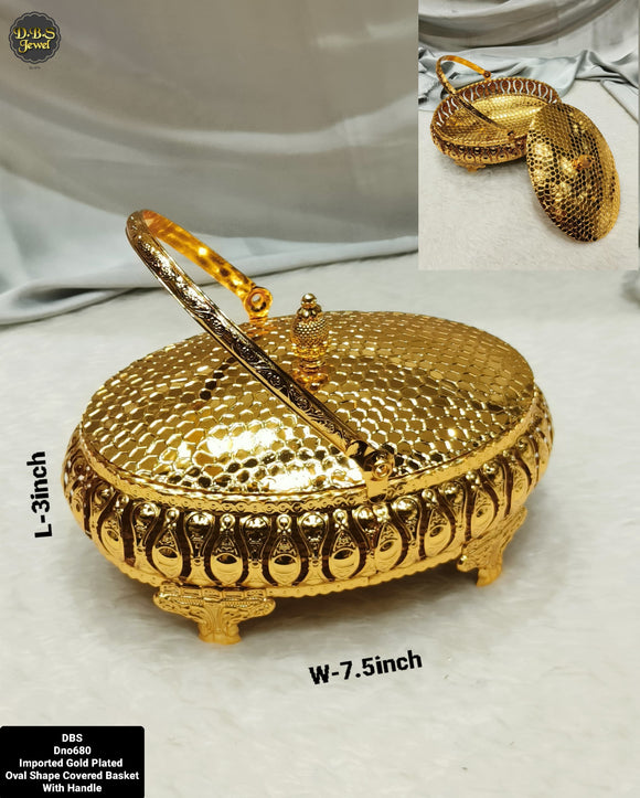 Imported Gold Plated Oval Shape Covered Basket With Handle Ideal for Return Gifts-ALL001RG