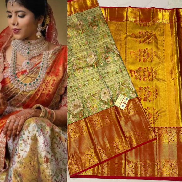 Mohini , Pure Handloom kanchipuram 6 D Allover parrots weaving unique bridal silk saree -SACH001PS