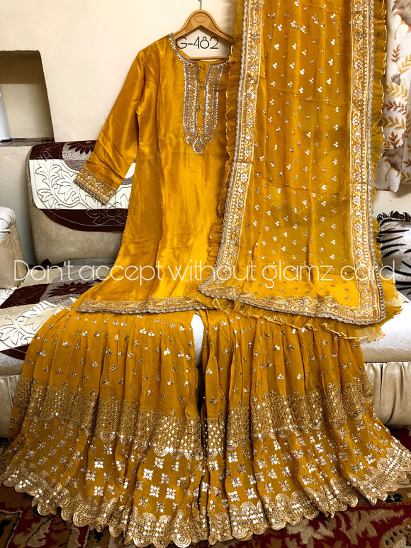 GLAMZ  beautiful sequins and gota worked neck semi stiched pure upada silk Kurta Garara-RIMPY001KSY