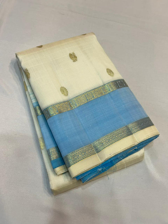 Pastel Blue and White full saree peacock and Rudraksha design Gold zari butties Kanjeevaram silk saree -SACHI001PBW