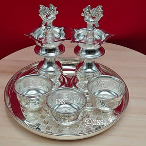 Navami , 8 inches German Silver Plate with diyas 7 inches and 3cups-DEEP001SC