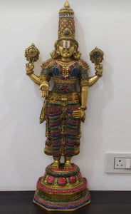 2 Feet Standing Lord Balaji Statue in Brass with Stone Work - SING001B