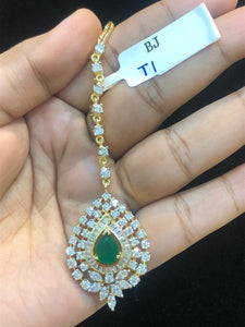 Hansini , Gold Jewelry Finish Diamond Replica Mangtikka  with Green centre stone for women -SANDY001DRM