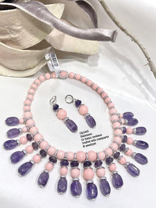 Boshay , Statement Piece CZ Fusion Necklace Set with Rose Quartz and Amethyst for Women -SANDY001FSR