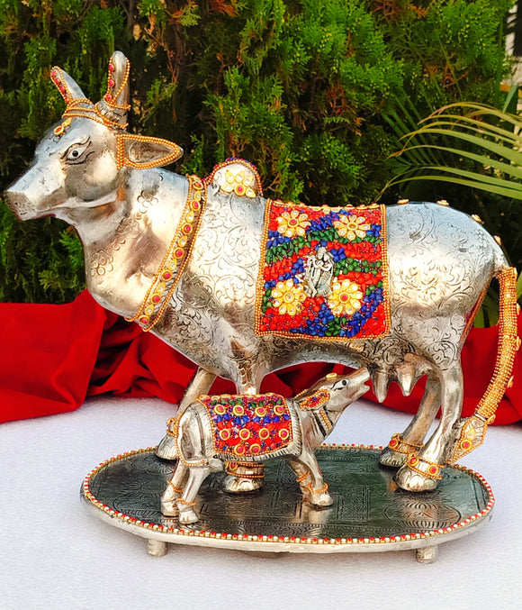 Antique German silver extra big size cow calf set with semi precious stone work-ANUB001CC